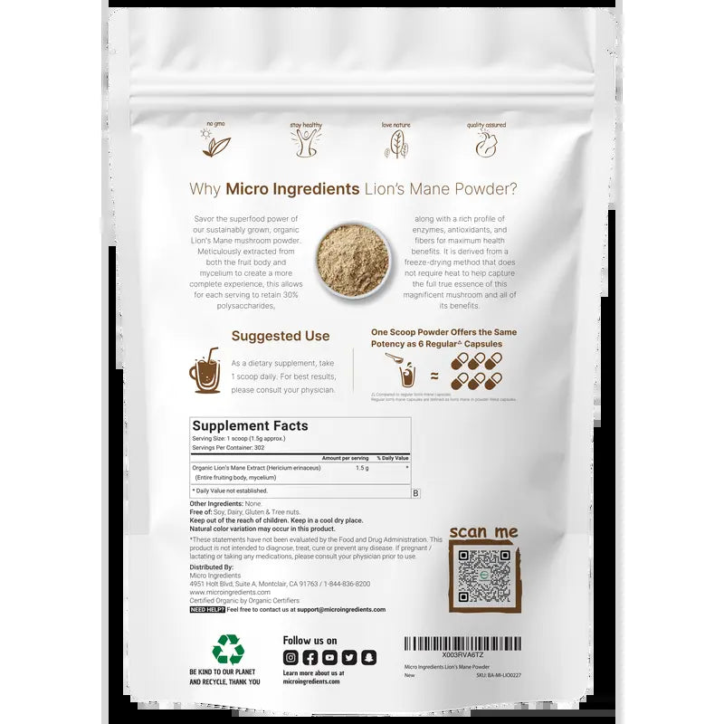 Micro Ingredients Organic Lions Mane Mushroom Supplement Powder 1Lb