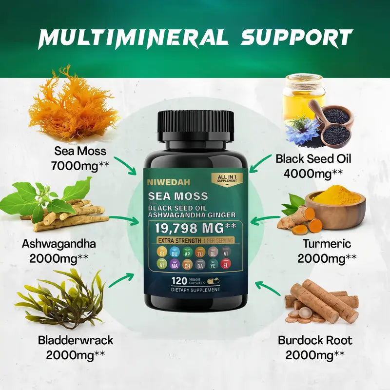 NIWEDAH Sea Moss - Contains Native Sea Moss Powder Rich in Vitamins and Minerals | Highly Concentrated Seaweed Extract - 120 Capsules Supplementary Dietary Supplements Supplement Edible Dietary