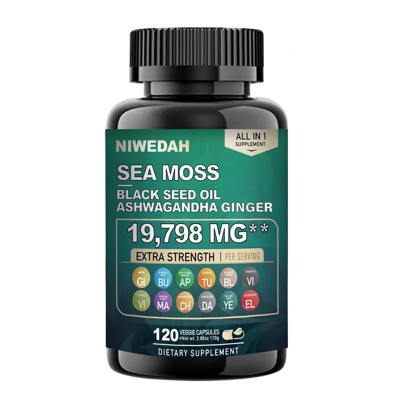 NIWEDAH Sea Moss - Contains Native Sea Moss Powder Rich in Vitamins and Minerals | Highly Concentrated Seaweed Extract - 120 Capsules Supplementary Dietary Supplements Supplement Edible Dietary