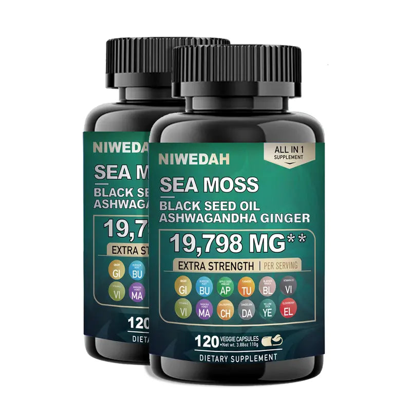 NIWEDAH Sea Moss - Contains Native Sea Moss Powder Rich in Vitamins and Minerals | Highly Concentrated Seaweed Extract - 120 Capsules Supplementary Dietary Supplements Supplement Edible Dietary