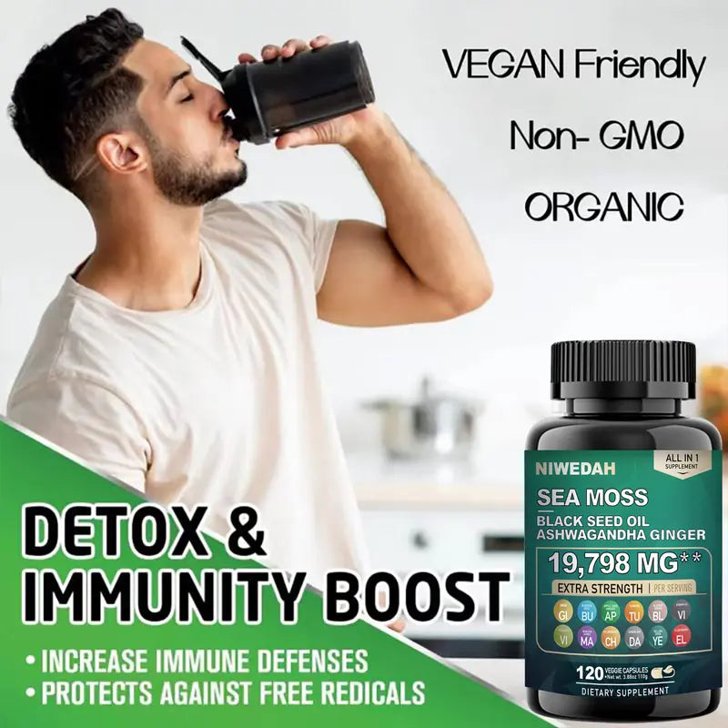 NIWEDAH Sea Moss - Contains Native Sea Moss Powder Rich in Vitamins and Minerals | Highly Concentrated Seaweed Extract - 120 Capsules Supplementary Dietary Supplements Supplement Edible Dietary