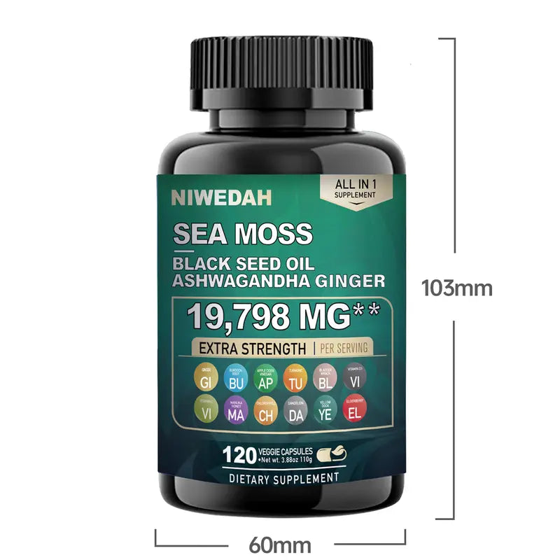 NIWEDAH Sea Moss - Contains Native Sea Moss Powder Rich in Vitamins and Minerals | Highly Concentrated Seaweed Extract - 120 Capsules Supplementary Dietary Supplements Supplement Edible Dietary