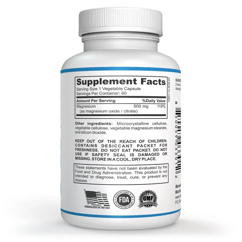 High Potency Magnesium | Whole Body Support | Heart, Nerve and Bone Health | 500 Mg | 60 Capsules Healthcare Supplement Fitness