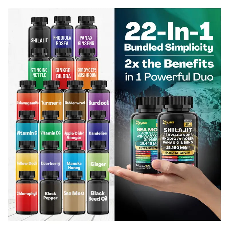 Dynamic Vitality Bundle - Zoyava Sea Moss & Shilajit - All-In-One Multivitamin Combo - Made in USA with Extra Strength Ingredients