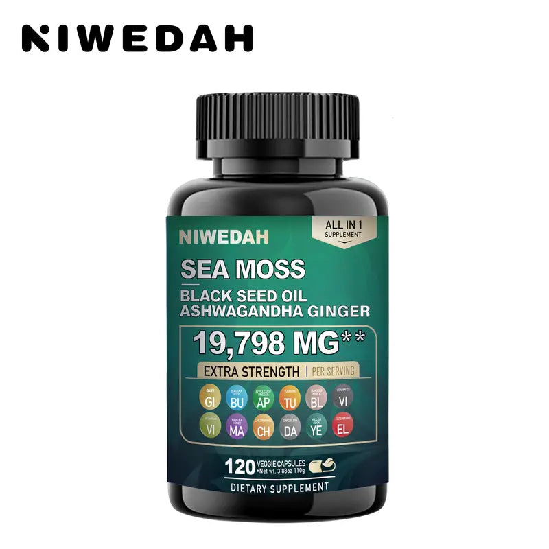NIWEDAH Sea Moss - Contains Native Sea Moss Powder Rich in Vitamins and Minerals | Highly Concentrated Seaweed Extract - 120 Capsules Supplementary Dietary Supplements Supplement Edible Dietary