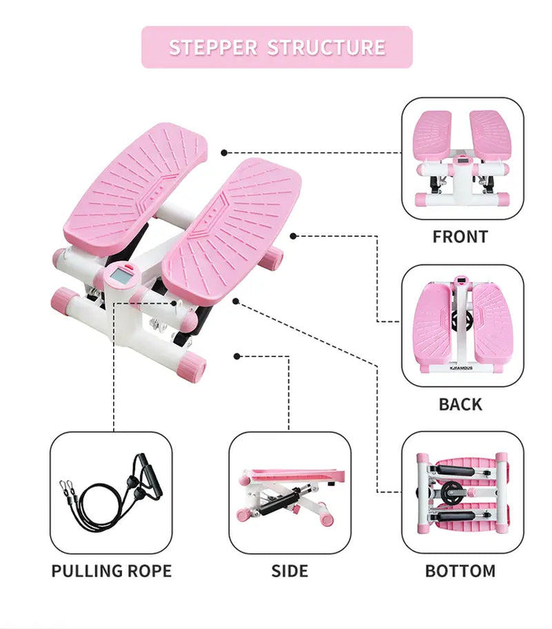 Adjustable Health & Fitness Mini Steppers for Exercise at Home, Stair Step Workout Machine with Resistance Bands, Full Body Cardio Equipment, Optional Smart Fitness Stepper with LED Monitor Pink Grey Color
