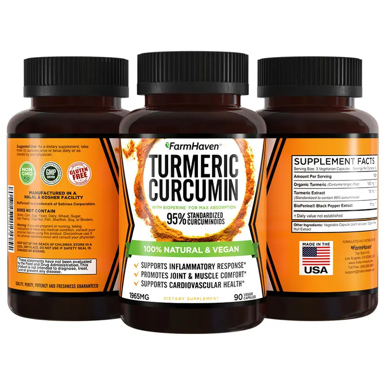 Farmhaven Turmeric Curcumin with Bioperine Black Pepper & 95% Curcuminoids, 1965Mg, Maximum Absorption for Joint Support, Non-Gmo Turmeric Capsules, Made in USA - 90 Veg Caps Healthcare Supplement Edible Dietary Fitness Optimum