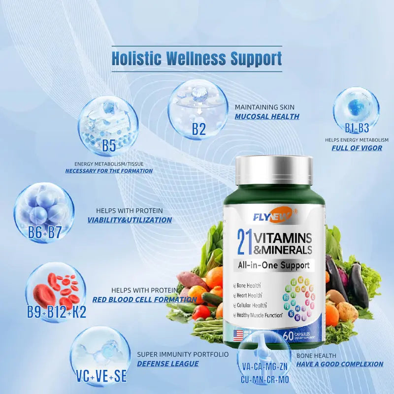 Flynew 21 All-In-One Support Vitamins & Minerals with Highly Potent Herbal Ingredients | Made in USA | 60 Capsules Dietary Supplement