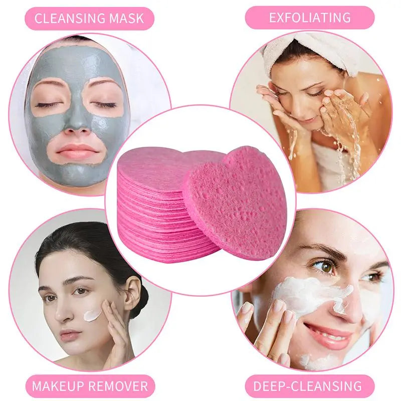 Compressed Cellulose Heart Shape Facial Sponges, 50Pcs/Set Natural Facial Cleansing Exfoliating Face Scrubber, Comfort Facial Cleansing Tools, Facial Cleanser Tools