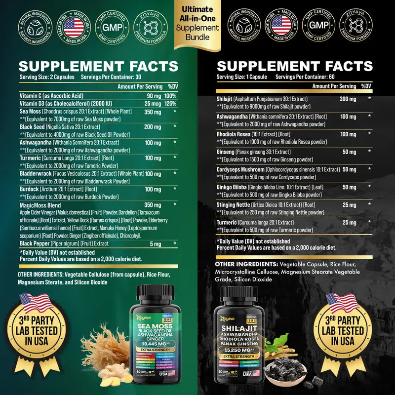 Dynamic Vitality Bundle - Zoyava Sea Moss & Shilajit - All-In-One Multivitamin Combo - Made in USA with Extra Strength Ingredients