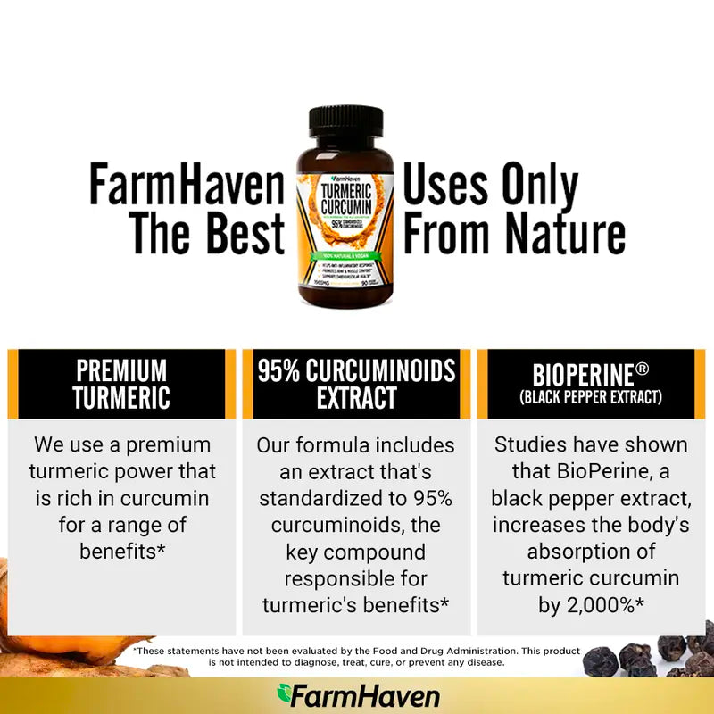 Farmhaven Turmeric Curcumin with Bioperine Black Pepper & 95% Curcuminoids, 1965Mg, Maximum Absorption for Joint Support, Non-Gmo Turmeric Capsules, Made in USA - 90 Veg Caps Healthcare Supplement Edible Dietary Fitness Optimum