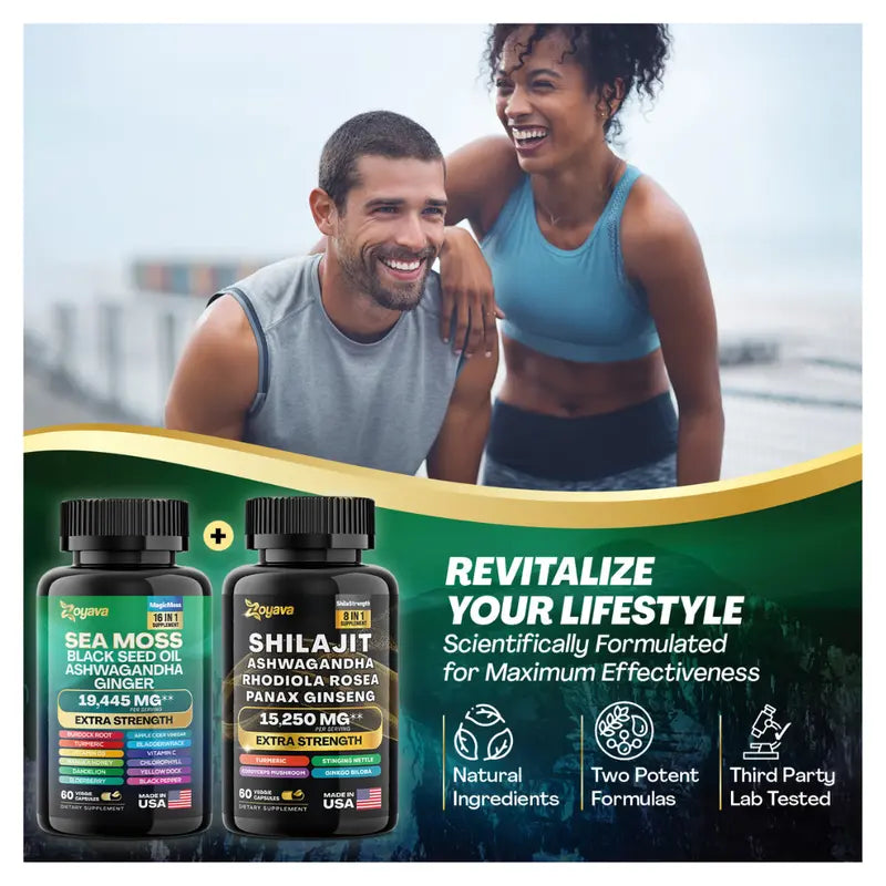 Dynamic Vitality Bundle - Zoyava Sea Moss & Shilajit - All-In-One Multivitamin Combo - Made in USA with Extra Strength Ingredients