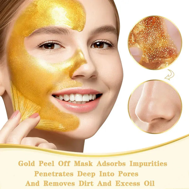 [+$3,Get 2 Pcs]24K Gold Foil Peel-Off Face Mask with Brush - Blackhead Remover, Anti-Wrinkle Mask for All Skin Types - the Perfect Gift for Women