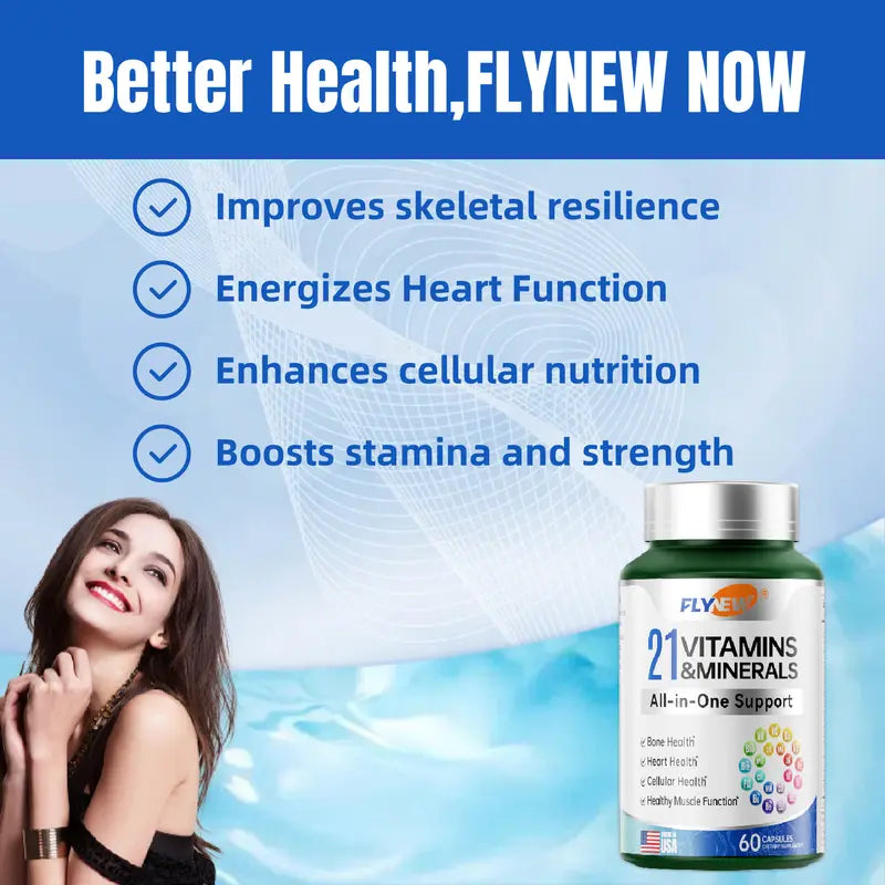 Flynew 21 All-In-One Support Vitamins & Minerals with Highly Potent Herbal Ingredients | Made in USA | 60 Capsules Dietary Supplement