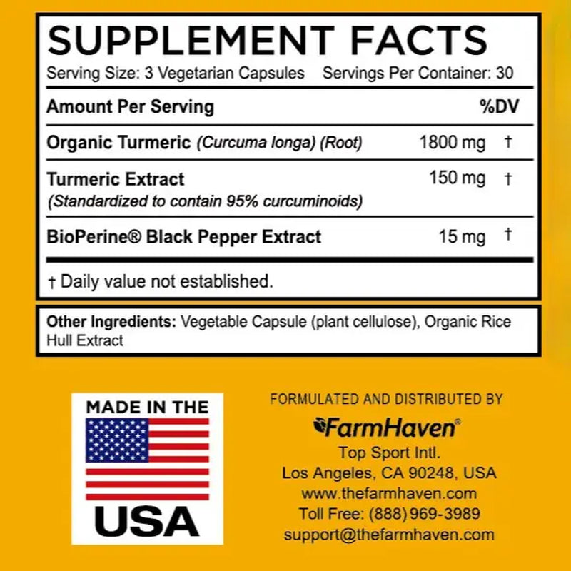 Farmhaven Turmeric Curcumin with Bioperine Black Pepper & 95% Curcuminoids, 1965Mg, Maximum Absorption for Joint Support, Non-Gmo Turmeric Capsules, Made in USA - 90 Veg Caps Healthcare Supplement Edible Dietary Fitness Optimum