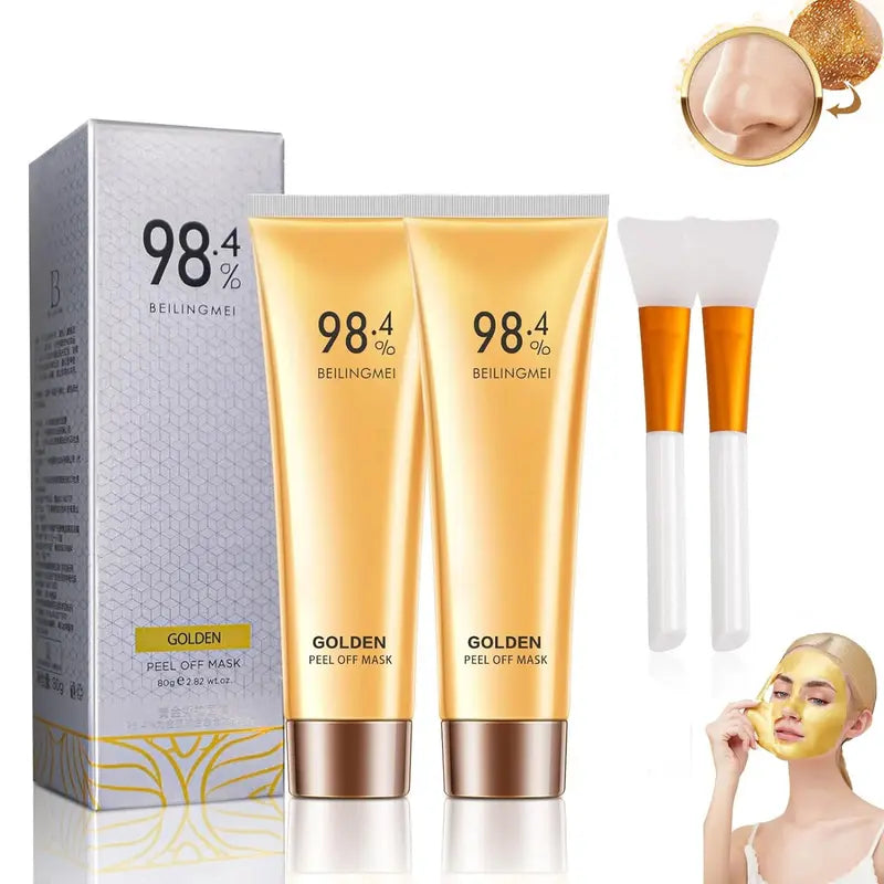 [+$3,Get 2 Pcs]24K Gold Foil Peel-Off Face Mask with Brush - Blackhead Remover, Anti-Wrinkle Mask for All Skin Types - the Perfect Gift for Women