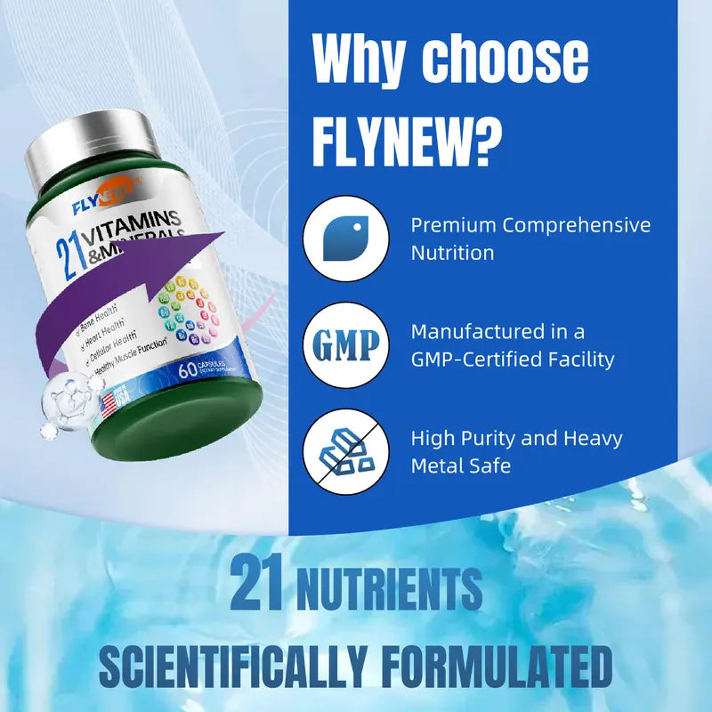 Flynew 21 All-In-One Support Vitamins & Minerals with Highly Potent Herbal Ingredients | Made in USA | 60 Capsules Dietary Supplement