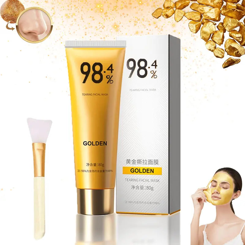 [+$3,Get 2 Pcs]24K Gold Foil Peel-Off Face Mask with Brush - Blackhead Remover, Anti-Wrinkle Mask for All Skin Types - the Perfect Gift for Women