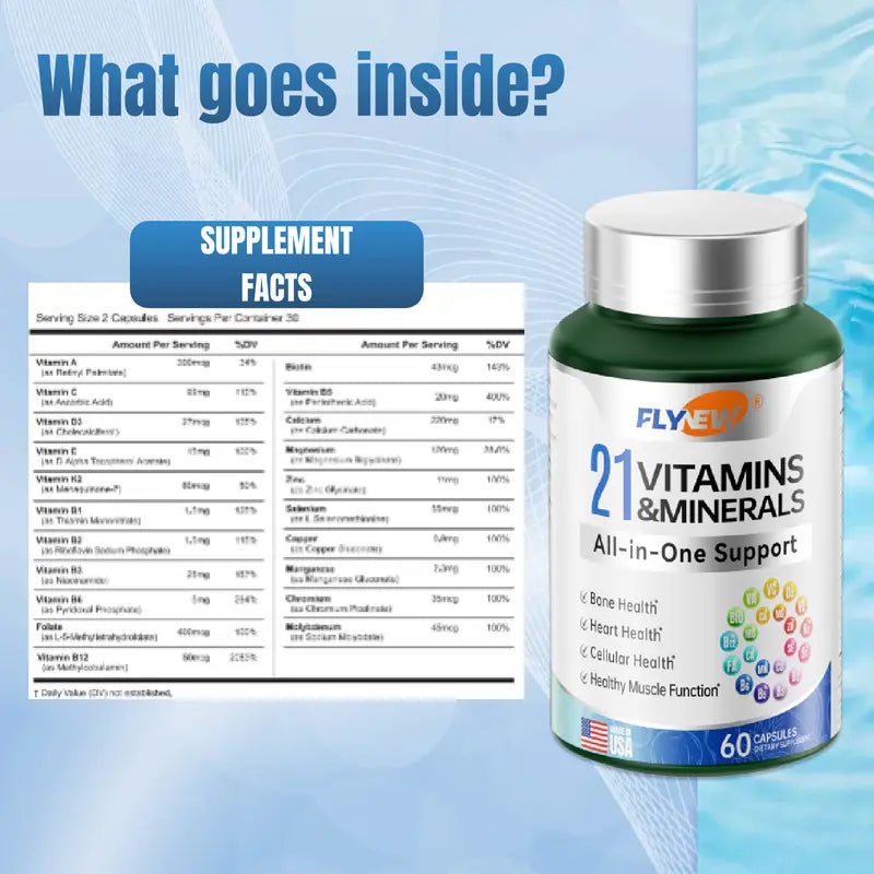 Flynew 21 All-In-One Support Vitamins & Minerals with Highly Potent Herbal Ingredients | Made in USA | 60 Capsules Dietary Supplement