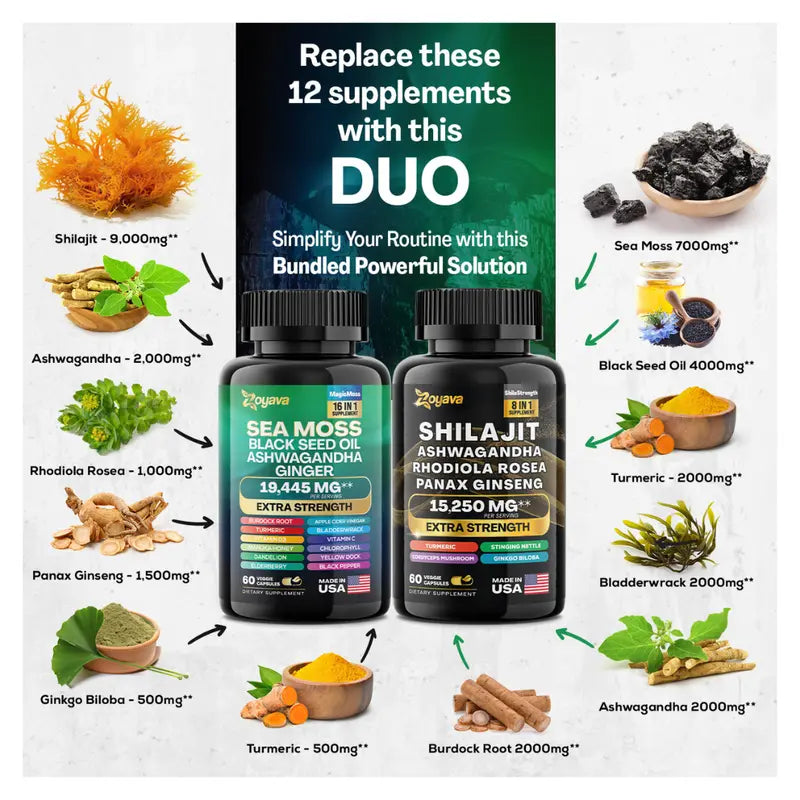 Dynamic Vitality Bundle - Zoyava Sea Moss & Shilajit - All-In-One Multivitamin Combo - Made in USA with Extra Strength Ingredients