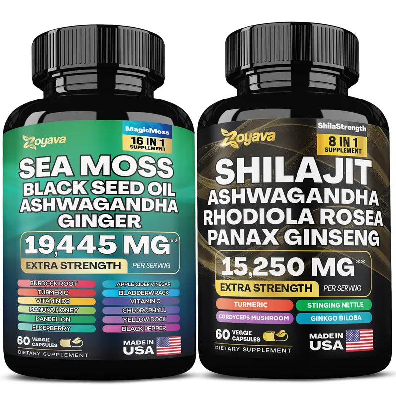 Dynamic Vitality Bundle - Zoyava Sea Moss & Shilajit - All-In-One Multivitamin Combo - Made in USA with Extra Strength Ingredients